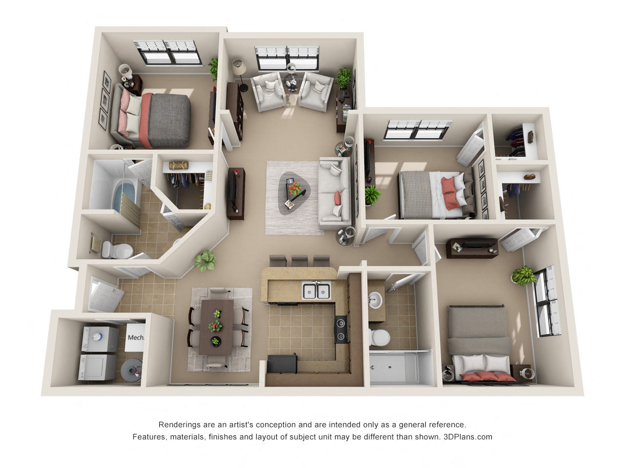 Floor plan for 3 beds, 2 baths, 1284 sqft
